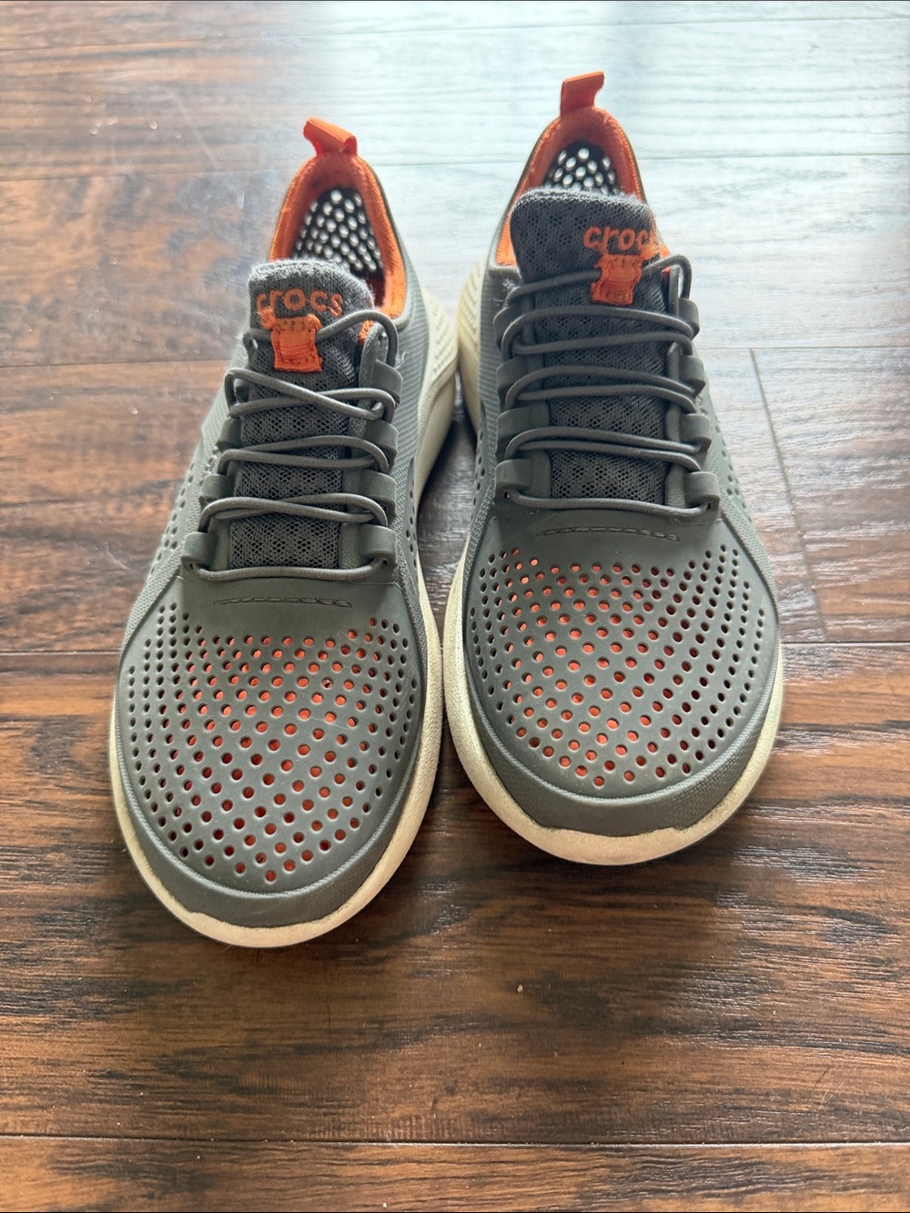 CROCS boy’s Perforated Athletic Sneakers in Gray with Orange Accents